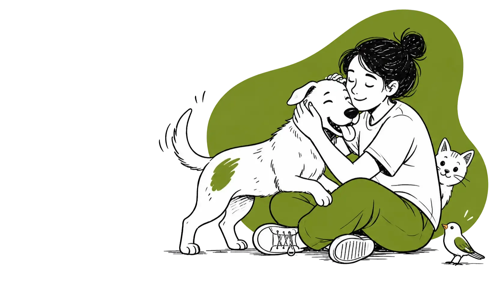 Hand-drawn illustration of a joyful rescued dog leaning into a volunteer, with a curious cat and bird nearby.